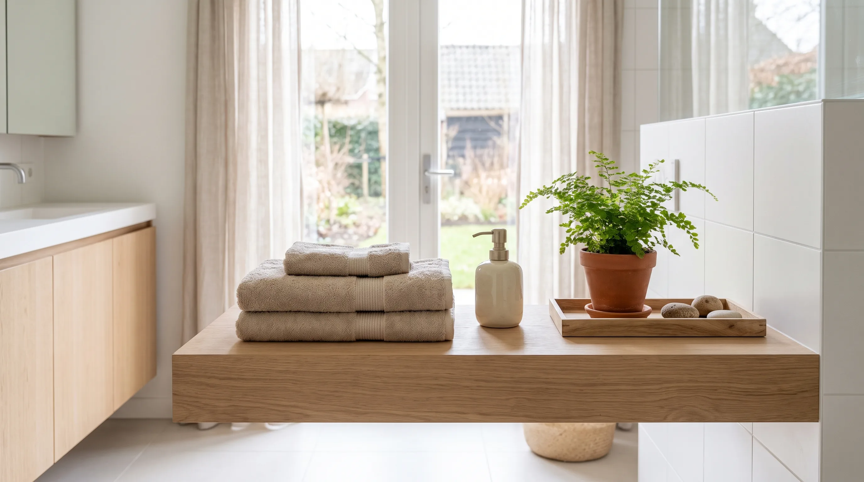 Planchet met handdoeken, zeepdispenser en plant in een lichte badkamer