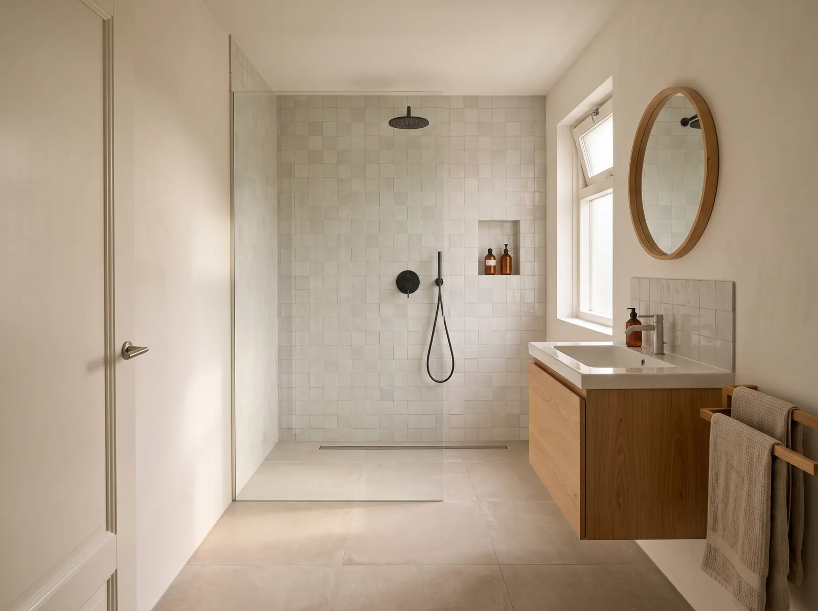AI-impressie van een lichte badkamer met achterin een inloopdouche achter één glazen paneel, doorlopende grote vloertegels met een douchegoot langs de achterwand, zwart kraanwerk en rechts een zwevend eiken wastafelmeubel