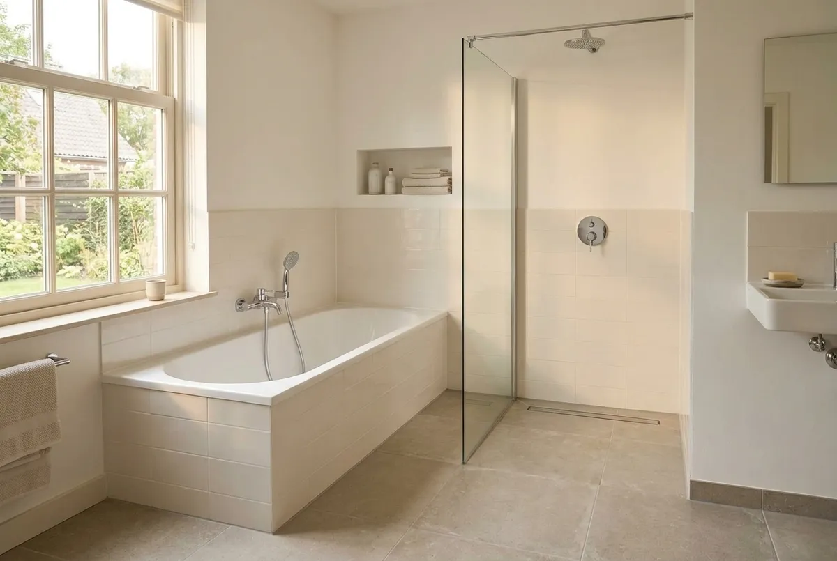 AI-impressie van een badkamer met een ingebouwd bad en een inloopdouche naast elkaar tegen dezelfde wand, gescheiden door één glazen wand, met een douchegoot in de vloer
