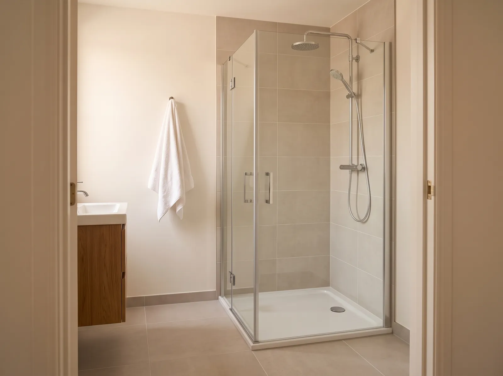 AI-impressie van een rechthoekige glazen douchecabine met twee scharnierdeuren en smalle chromen profielen op een lage witte douchebak, met een regendouche en handdouche tegen beige tegels, gezien vanuit de deuropening met een eiken wastafelmeubel en een witte handdoek ernaast