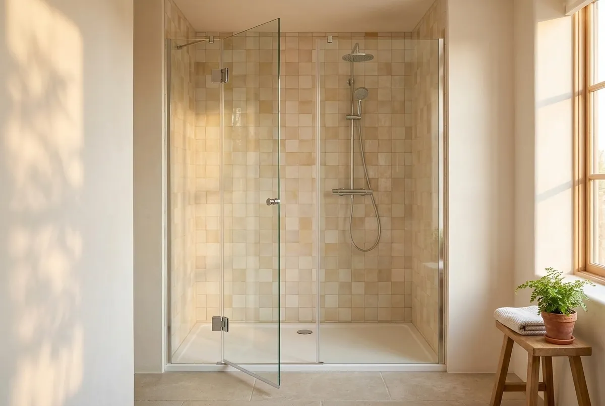 AI-impressie van een douche met een frameloze glazen deur die op twee glas-op-glas scharnieren naar voren openstaat, naast vaste glaspanelen, op een witte douchebak tegen warme beige tegels, met een houten krukje met plant naast het raam