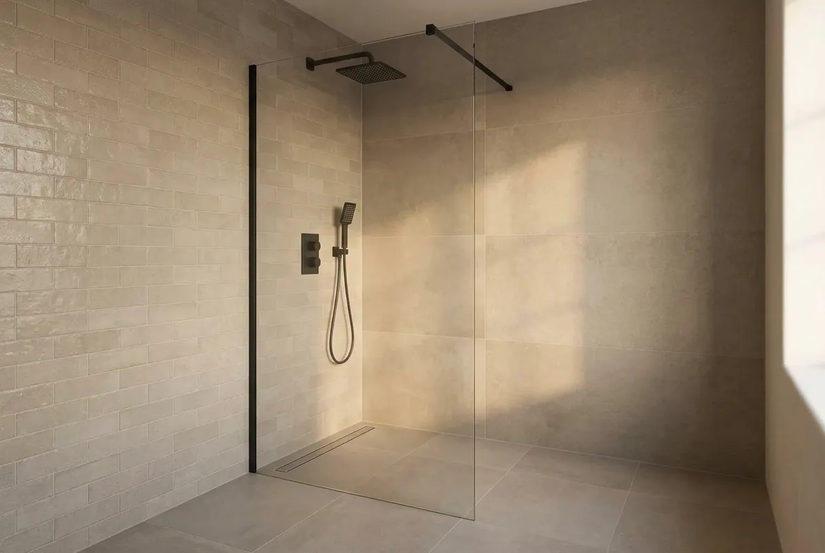 AI-impressie van een walk-in douche met één vaste glazen wand zonder deur, een zwart wandprofiel en een zwarte stabilisatiestang, met een zwarte inbouwthermostaat, regendouche en handdouche aan de wand, op een doorlopende grijze tegelvloer met een rvs douchegoot langs de zijwand
