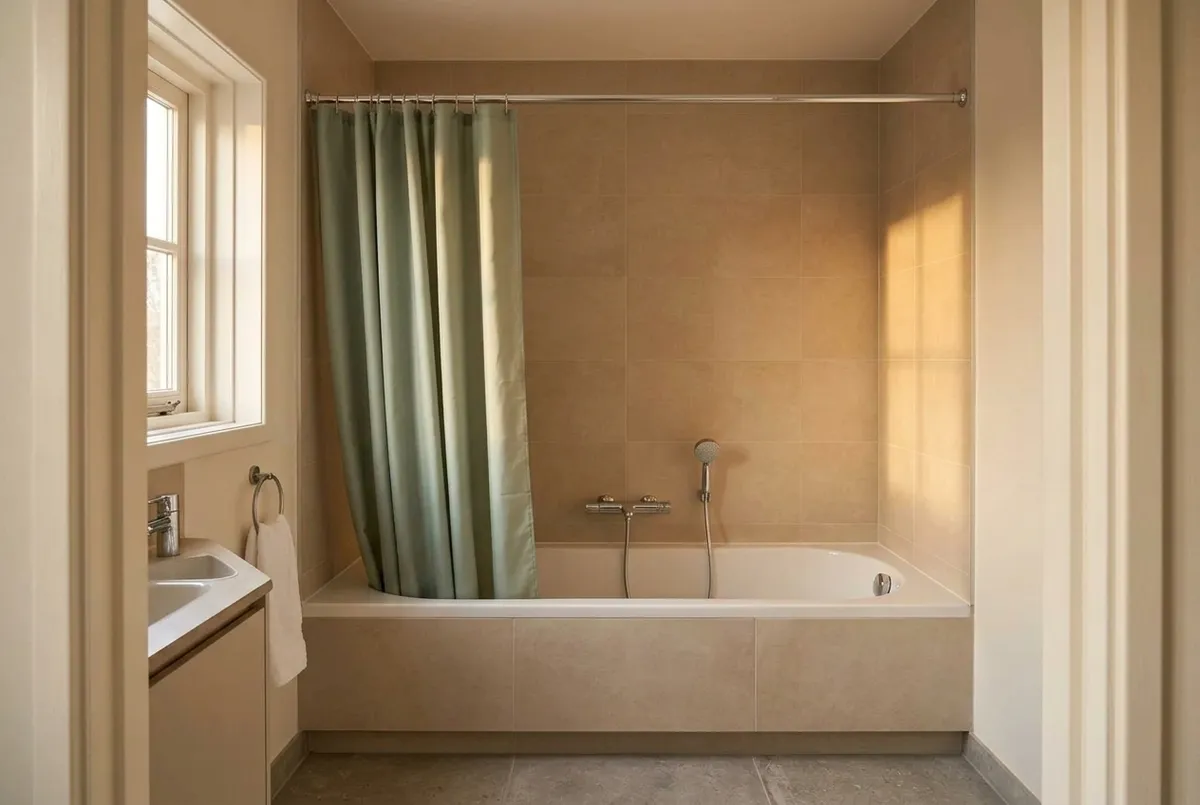 AI-impressie van een ingebouwd bad met beige tegels en een rechte chromen douchegordijnstang van wand tot wand, met een groengrijs stoffen gordijn aan ringen