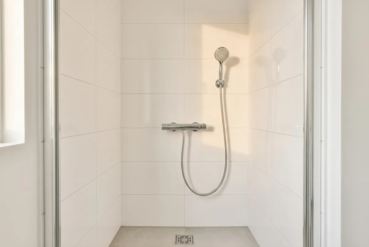 AI-impressie van een kleine douche met witte tegels, een vaste chromen wandhouder met handdouche en een doucheslang naar de thermostaatkraan eronder