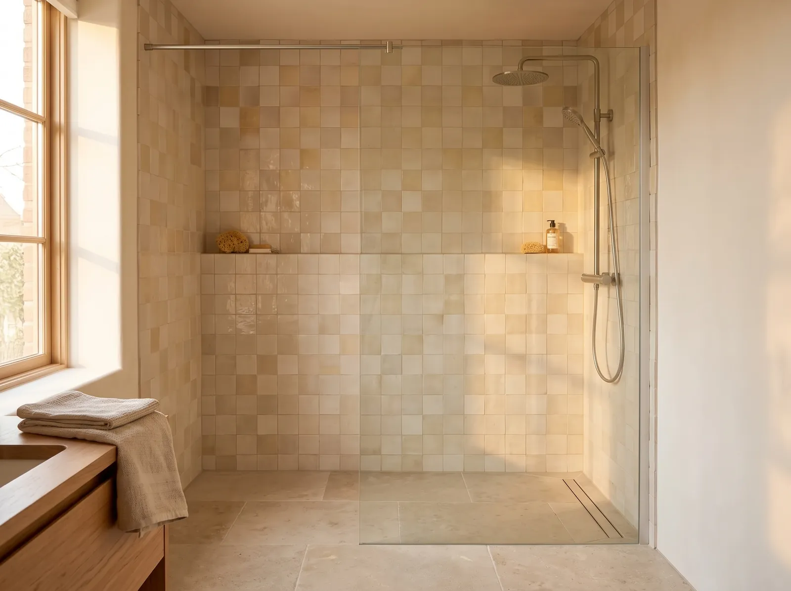 AI-impressie van een lichte inloopdouche met één vast paneel van helder glas, een stang langs de bovenkant naar de muur, beige tegels, een regendouche en een douchegoot in de vloer