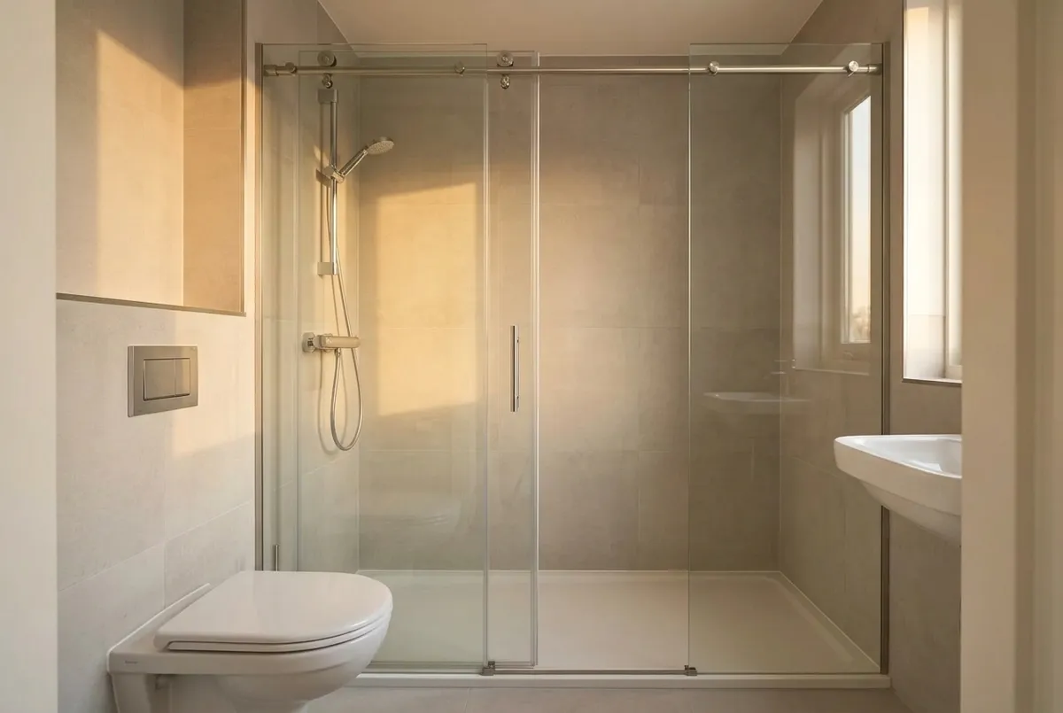 AI-impressie van een douche in een kleine badkamer met een glazen schuifdeur aan een rvs rail langs het vaste glas, met een hangtoilet en een wastafel er vlak naast