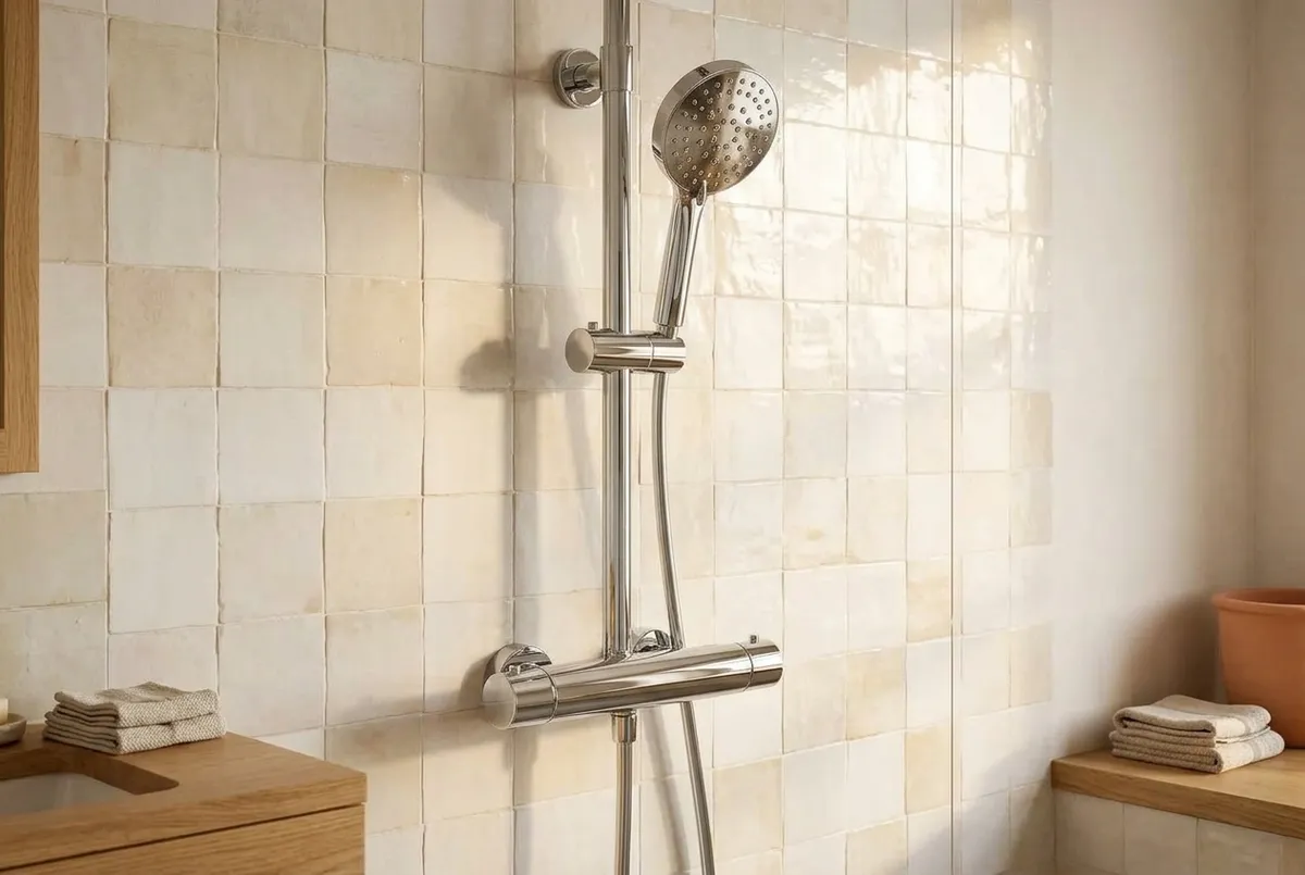 AI-impressie van een nieuwe chromen opbouw douchethermostaat met glijstang en handdouche tegen een wand van lichte geglazuurde tegels