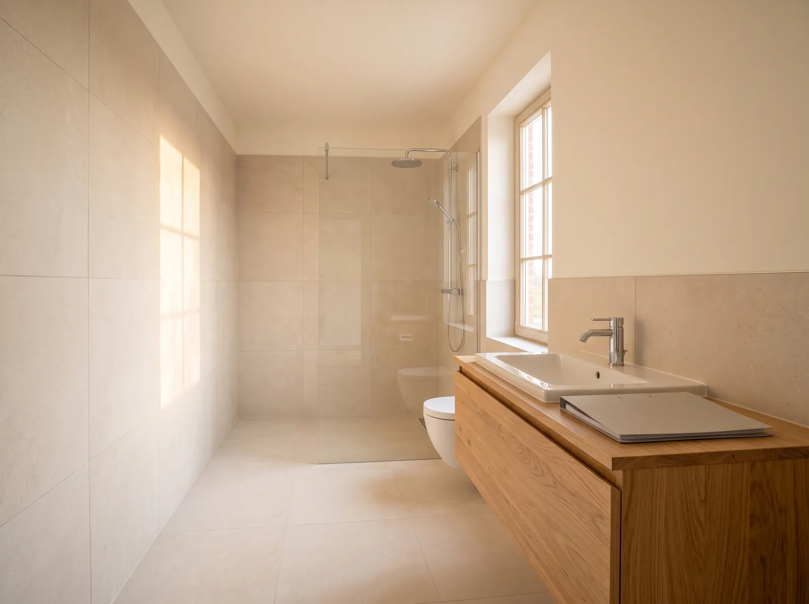 AI-impressie van een net opgeleverde badkamer met lichte tegels, een inloopdouche met glazen wand, een hangtoilet en een eiken wastafelmeubel met een grijze map op het blad