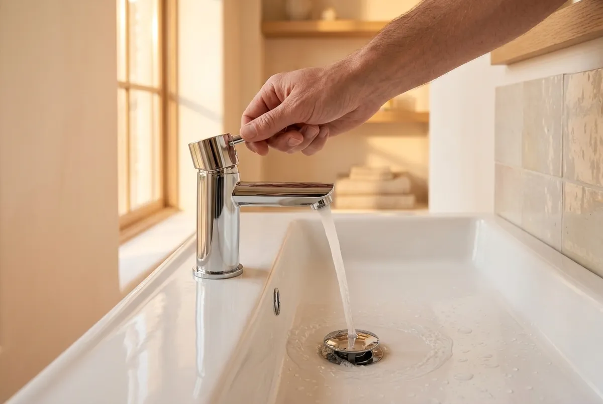 AI-impressie van een hand die een chromen wastafelkraan opendraait, waarbij het water in de witte wastafel wegloopt