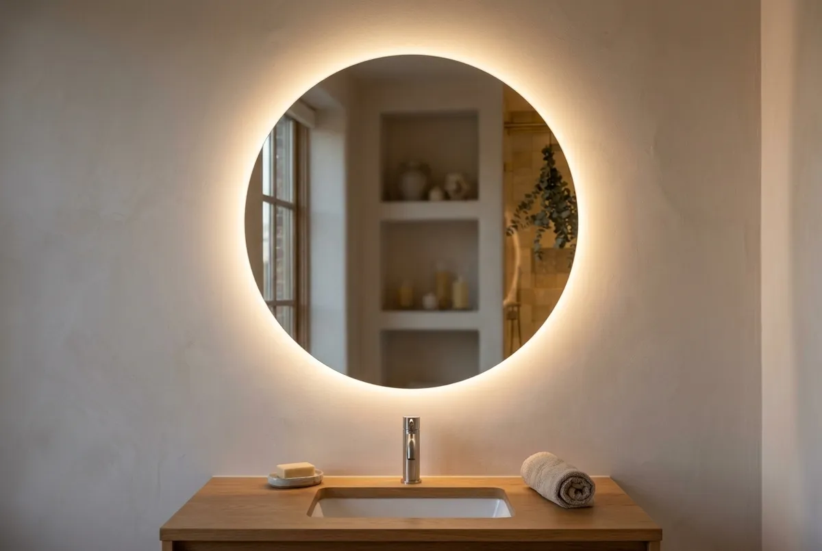 AI-impressie van een ronde spiegel zonder rand met een warme lichtkrans op de wand eromheen, boven een houten wastafelblad met een witte wasbak en een rvs kraan