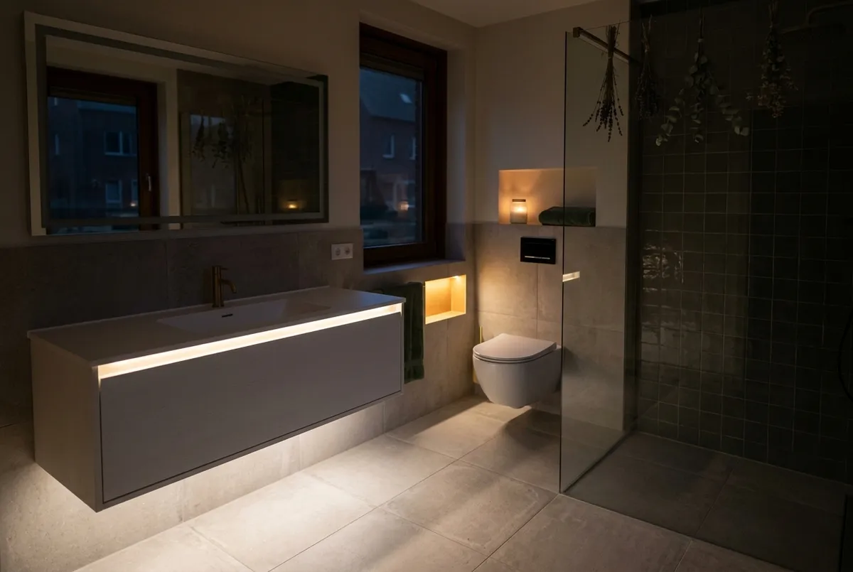 AI-impressie van een badkamer in het donker met een ledstrip onder een zwevend wit wastafelmeubel die zacht licht op de lichte vloertegels werpt, met een hangtoilet en een verlichte nis ernaast