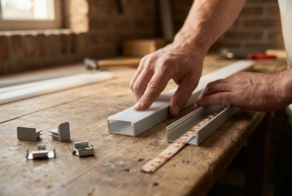 AI-impressie van handen die een melkwitte matte afdekkap op een aluminium ledprofiel drukken op een werkbank, met een ledstrip in een open profiel, eindkappen en montageclips ernaast