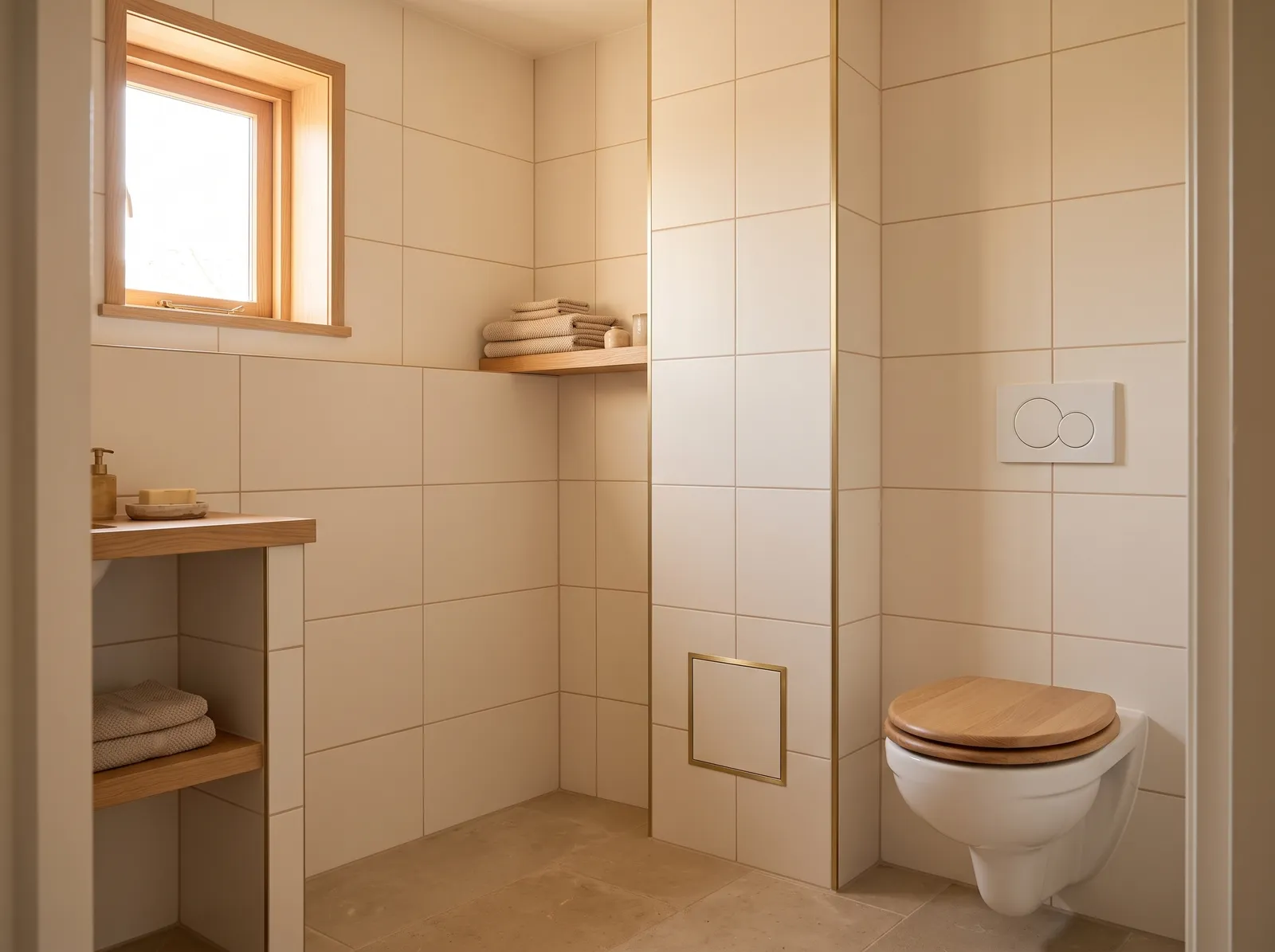 AI-impressie van een betegelde koof van vloer tot plafond in een lichte badkamer, met een klein inspectieluik onderin en ernaast een hangend toilet met houten bril