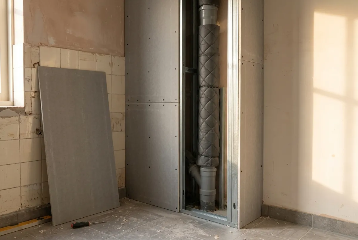 AI-impressie van een koof in aanbouw met grijze cementgebonden bouwplaten op metalstud, met in de open zijde een afvoerbuis in geluidsisolatie