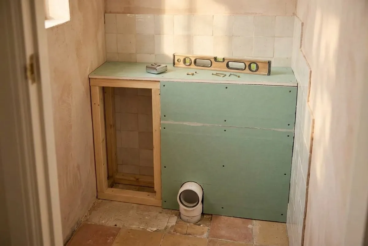 AI-impressie van een lage koof met groene vochtwerende gipsplaat op houten regels in een toiletruimte in aanbouw, met een afvoeraansluiting onderin en een waterpas op het blad