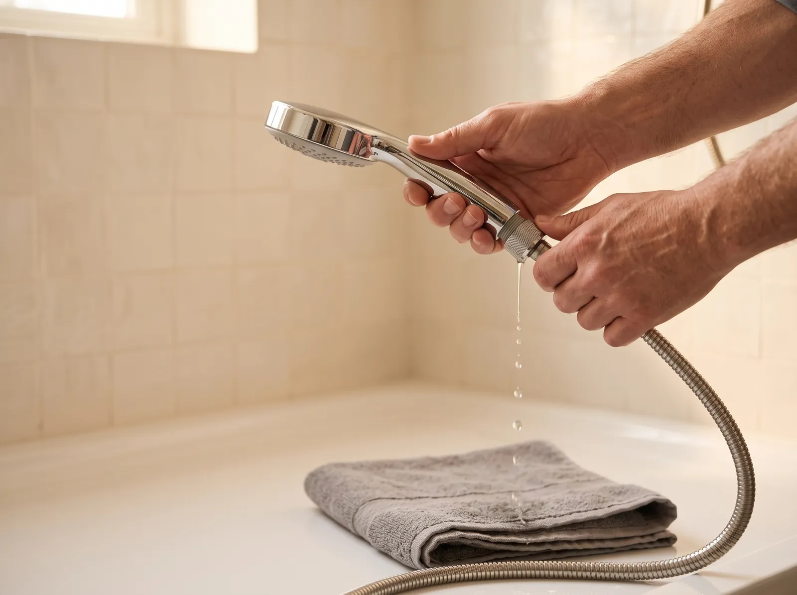 AI-impressie van twee handen die een chromen handdouche van de metalen doucheslang losdraaien, terwijl er water uit de koppeling op een opgevouwen handdoek in de douchebak druppelt