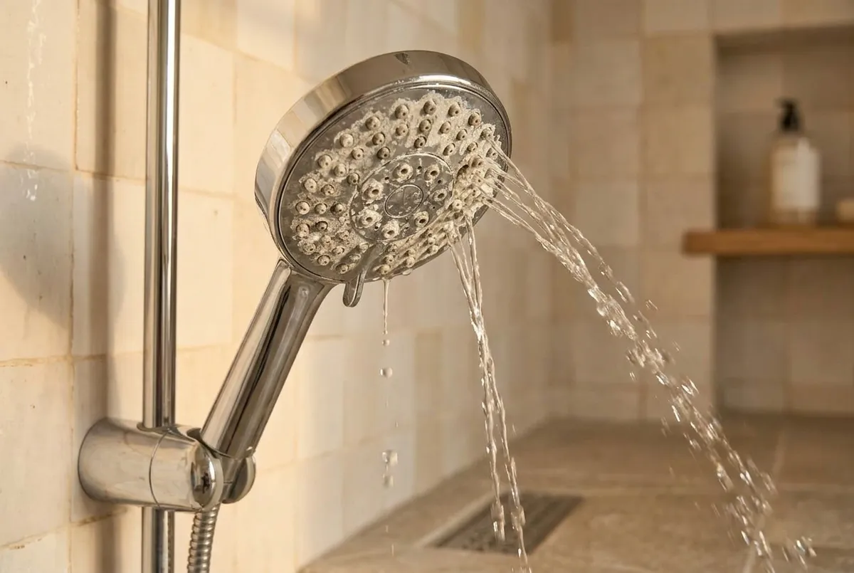 AI-impressie van een chromen handdouche in een wandhouder met witte kalk in de sproeiers, waardoor het water in scheve stralen naar buiten spuit