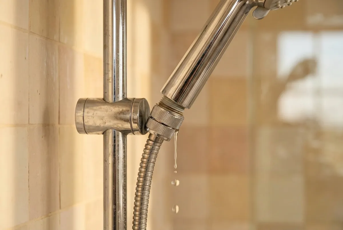 AI-impressie van de koppeling tussen een metalen doucheslang en de greep van een chromen handdouche bij een glijstang, waar water uit de losse moer druppelt