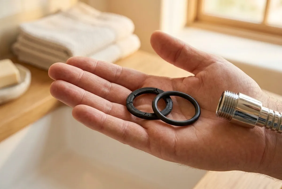 AI-impressie van een open hand met een oude, gescheurde rubber ring naast een nieuwe O-ring, met de koppeling van een doucheslang ernaast