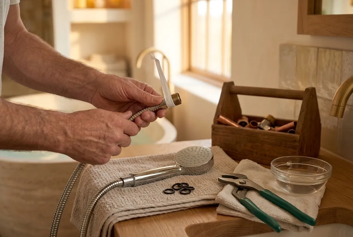 AI-impressie van handen die teflontape om het schroefdraad van een doucheslang wikkelen, met een handdouche, rubber ringen, een waterpomptang en een kommetje azijn op een handdoek bij de wastafel