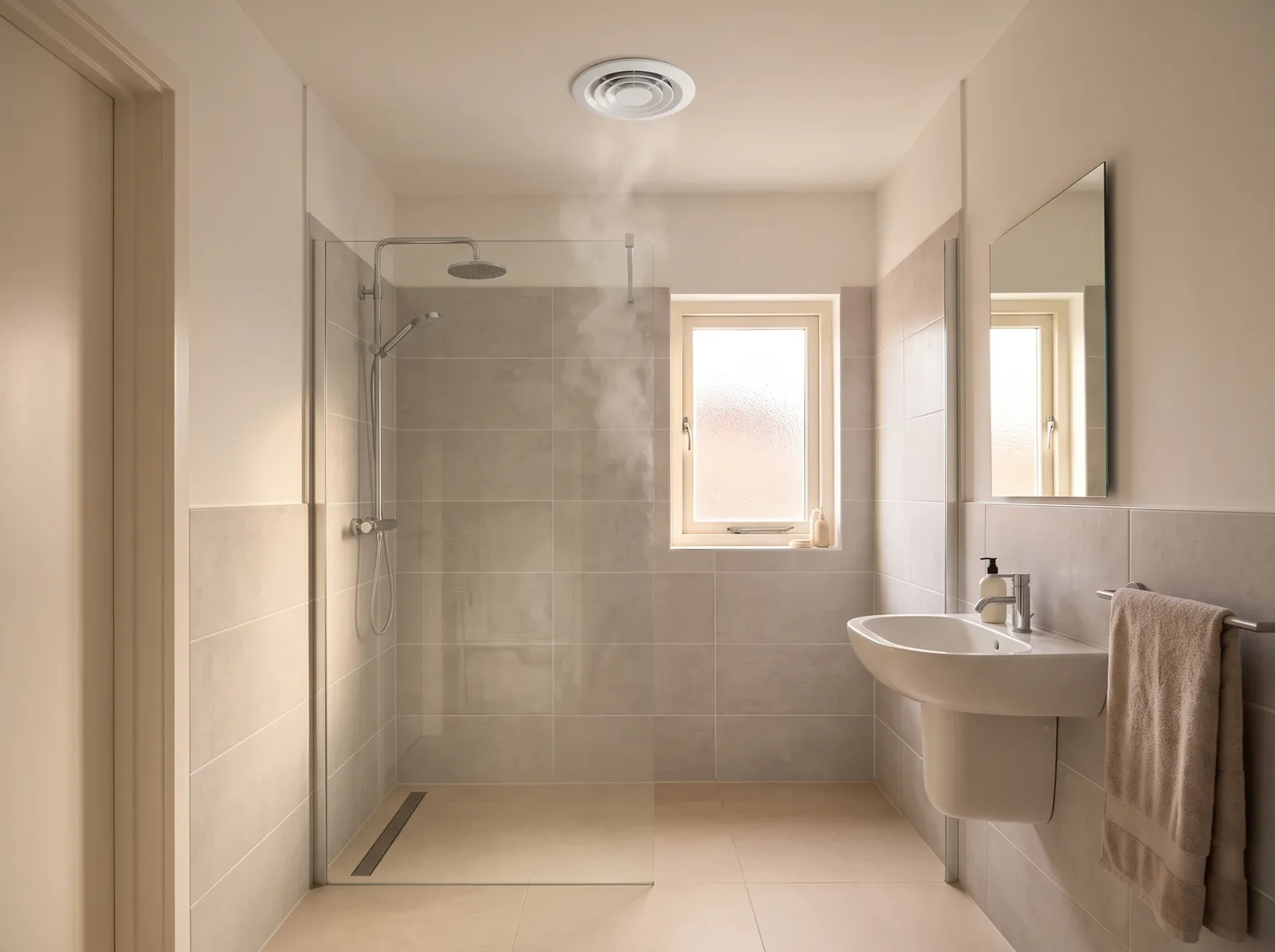 AI-impressie van een lichte badkamer met een inloopdouche achter een glazen wand, waar damp opstijgt naar een rond wit ventiel in het plafond, met rechts een wastafel, spiegel en handdoek