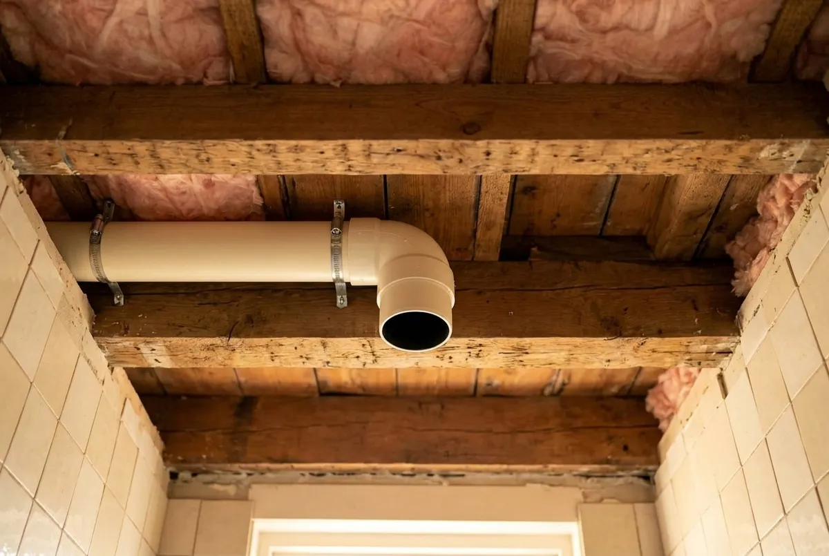 AI-impressie van een open badkamerplafond tijdens een verbouwing, met tussen de houten balken een wit ventilatiekanaal in beugels dat met een bocht naar beneden eindigt