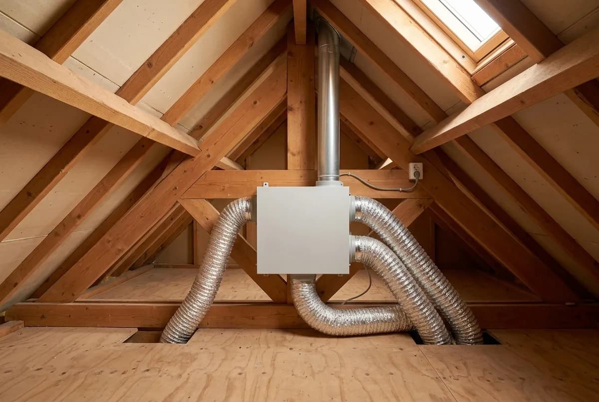 AI-impressie van een lichtgrijze mv-box op een zolder tussen houten spanten, met flexibele aluminium kanalen die in de vloer verdwijnen en een afvoerpijp omhoog door het dak