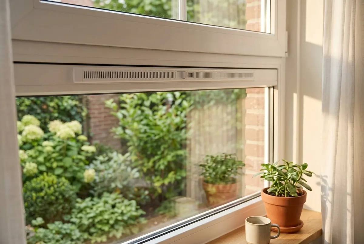AI-impressie van een wit raamkozijn in een woonkamer met een smal toevoerrooster met schuifje boven het glas, een plant en een mok op de vensterbank en een tuin buiten