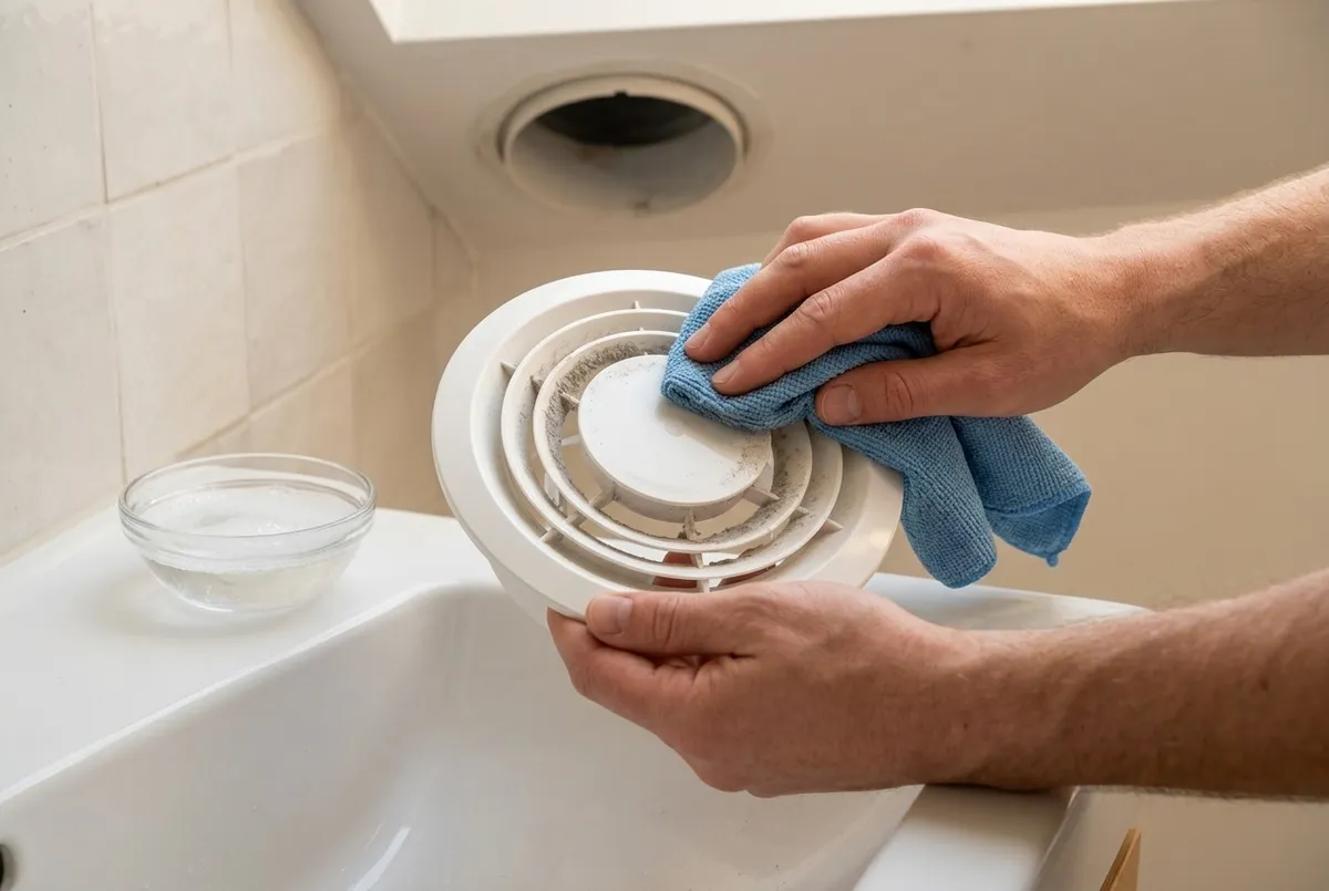 AI-impressie van twee handen die een stoffig rond wit ventiel boven een wastafel afnemen met een blauwe microvezeldoek, met daarachter de lege kanaalopening in het plafond
