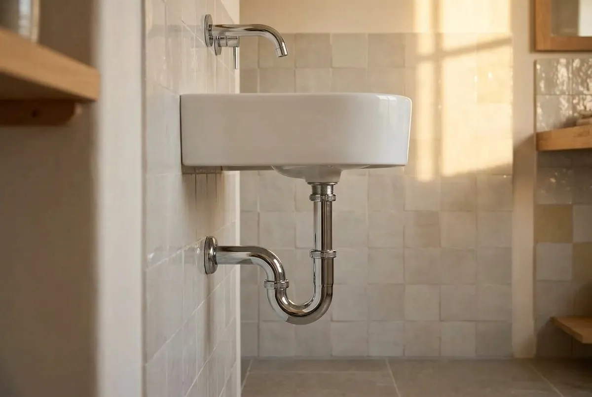 AI-impressie van een chromen buissifon in U-vorm onder een kleine witte wandwastafel, met de bocht als laagste punt en de afvoer zijdelings de betegelde muur in