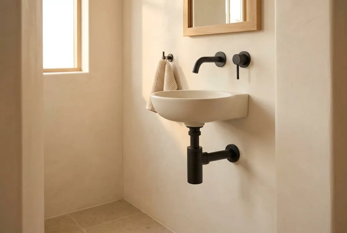 AI-impressie van een kleine witte fontein in een licht toilet met een mat zwarte inbouwkraan erboven en een mat zwarte design sifon eronder die met een korte buis de muur in gaat