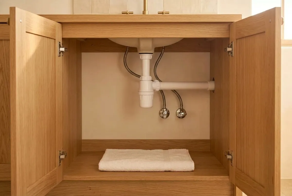 AI-impressie van een geopend eiken wastafelmeubel met daarin een witte kunststof flessifon met losdraaibare beker, een witte afvoerbuis naar de achterwand en twee hoekstopkranen