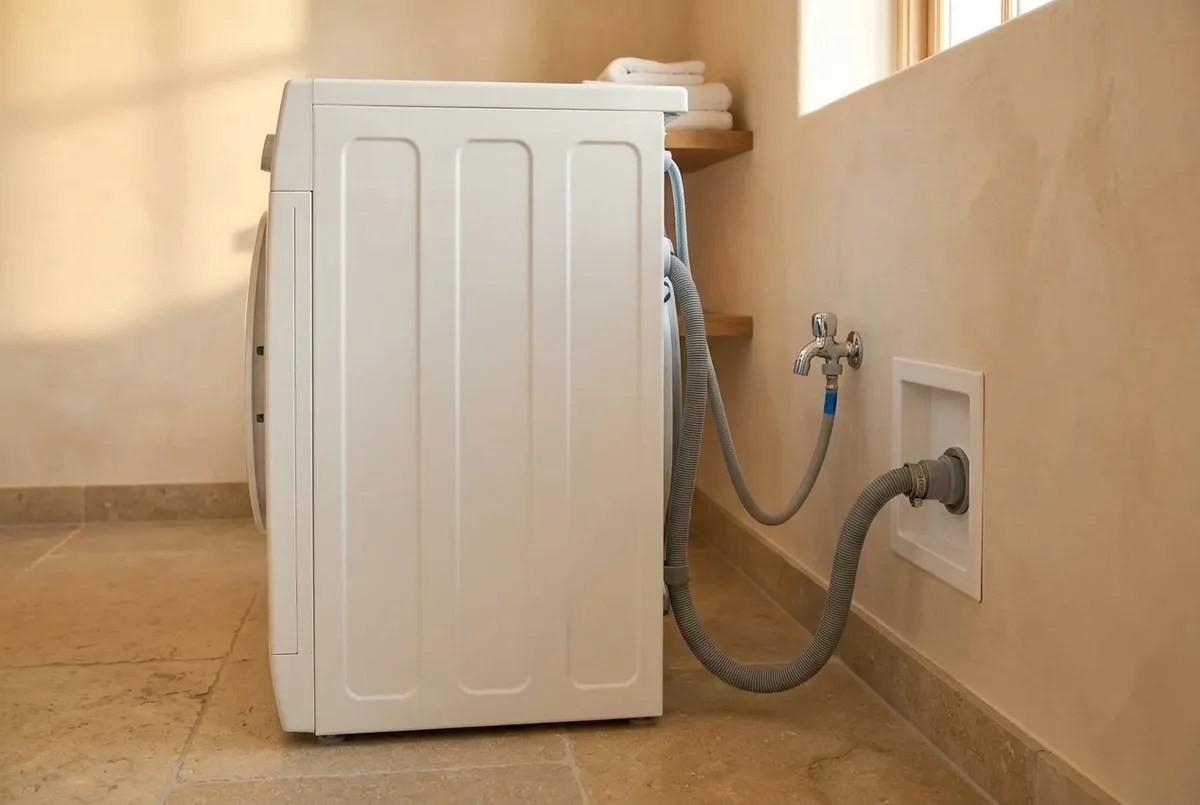 AI-impressie van de zijkant van een witte wasmachine met de grijze afvoerslang geklemd in een witte inbouw wandsifon, en een slang naar een chromen kraantje erboven