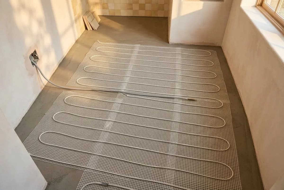 AI-impressie van een elektrische verwarmingsmat met een witte kabel in gelijkmatige lussen op een betonnen ondervloer, met een aansluitkabel naar een inbouwdoos in de wand, nog zonder tegels