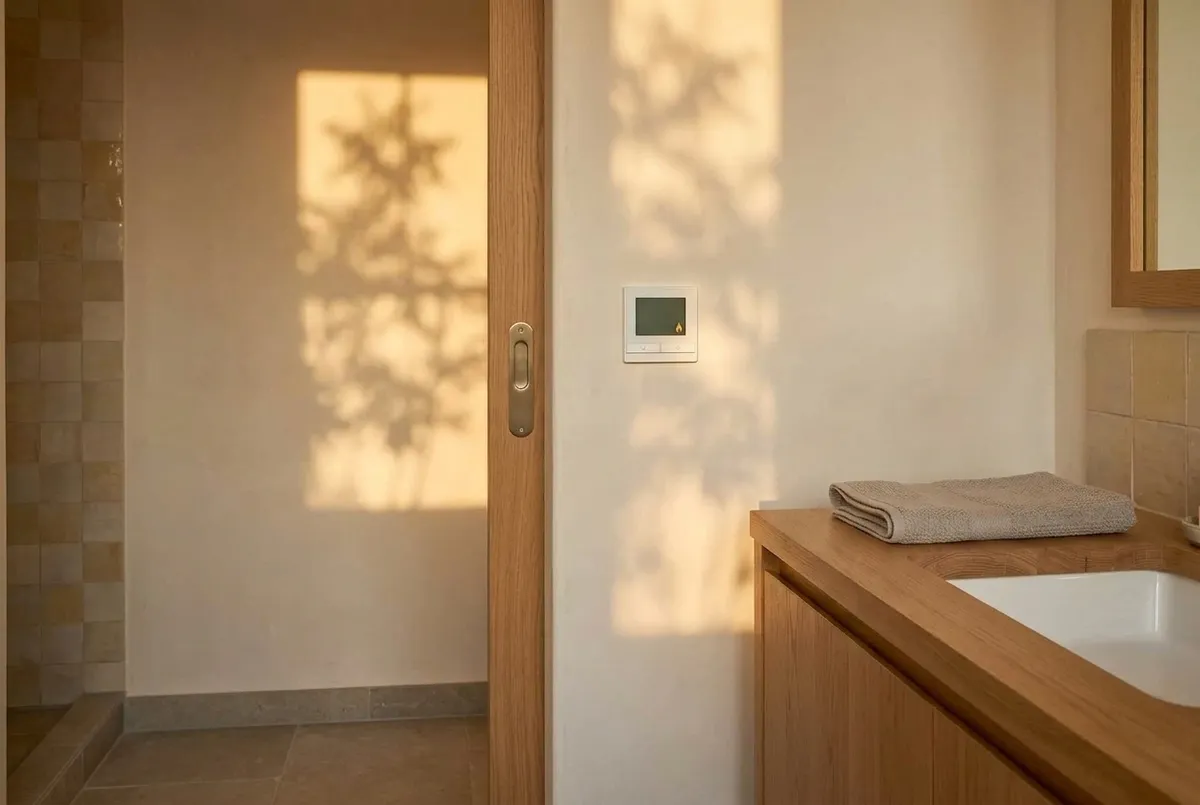 AI-impressie van een witte thermostaat met klein scherm op een droge, gestucte wand naast een eiken schuifdeur, met rechts een eiken wastafelmeubel met een opgevouwen handdoek