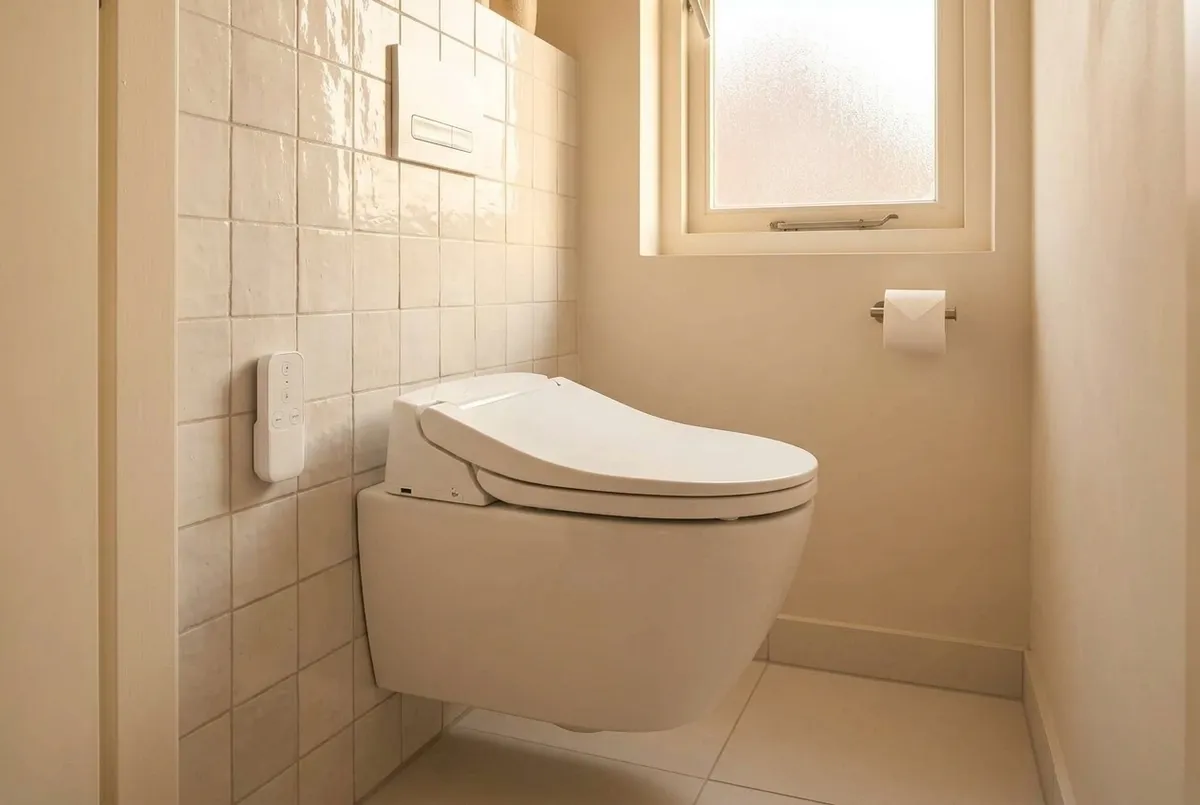 AI-impressie van een wandhangende douche-wc met een dikkere zitting vol techniek en een witte afstandsbediening aan de betegelde wand