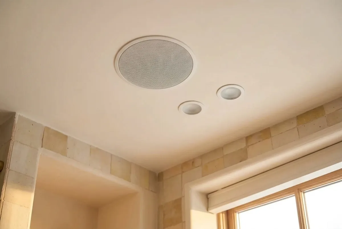 AI-impressie van een ronde inbouwspeaker met wit rooster in het badkamerplafond, naast twee inbouwspots