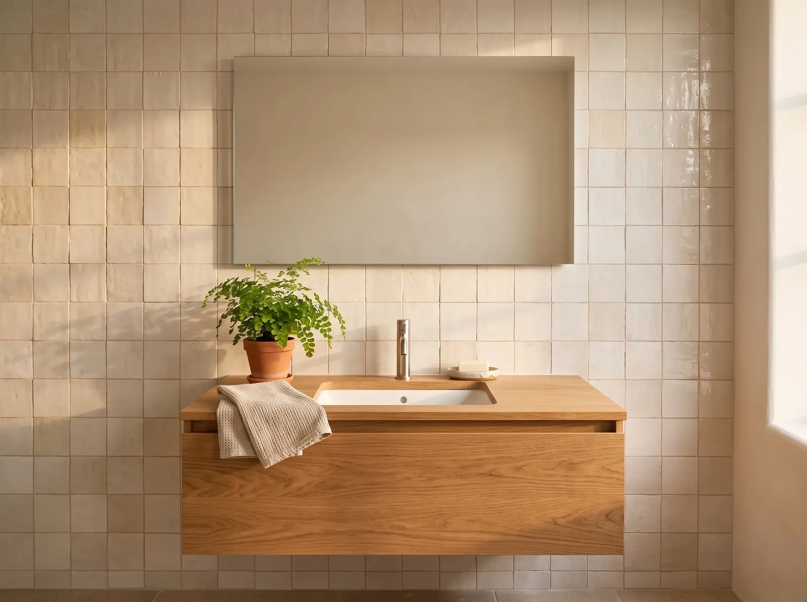 AI-impressie van een rechthoekige spiegel zonder lijst op een wand van crèmekleurige tegels, iets smaller dan het zwevende eiken wastafelmeubel eronder, met een geborstelde kraan, een varen in een terracotta pot en een linnen handdoek