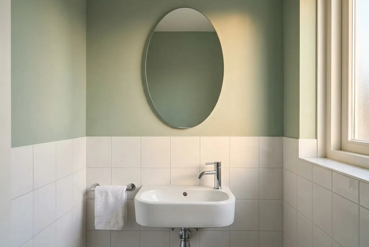 AI-impressie van een staande ovale spiegel zonder lijst op een saliegroene muur, boven een smalle witte fontein met chromen kraan en een handdoekrekje op witte tegels