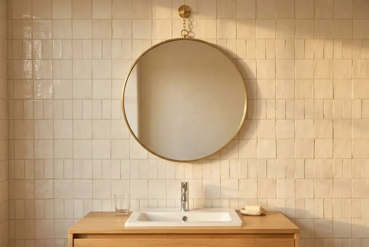 AI-impressie van een ronde spiegel met een dunne messingkleurige lijst aan een kettinkje, boven een witte inbouwwastafel met chromen kraan op een eiken meubel, tegen crèmekleurige tegels