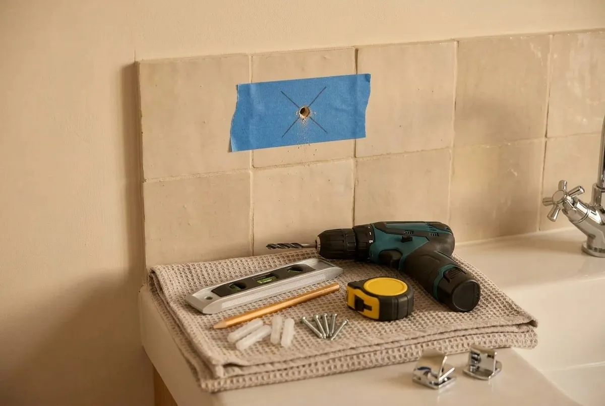AI-impressie van een geboord gat in een stuk blauwe schilderstape met een potloodkruis op een tegel, met eronder een accuboormachine, waterpas, potlood, rolmaat, pluggen, schroeven en twee spiegelklemmen