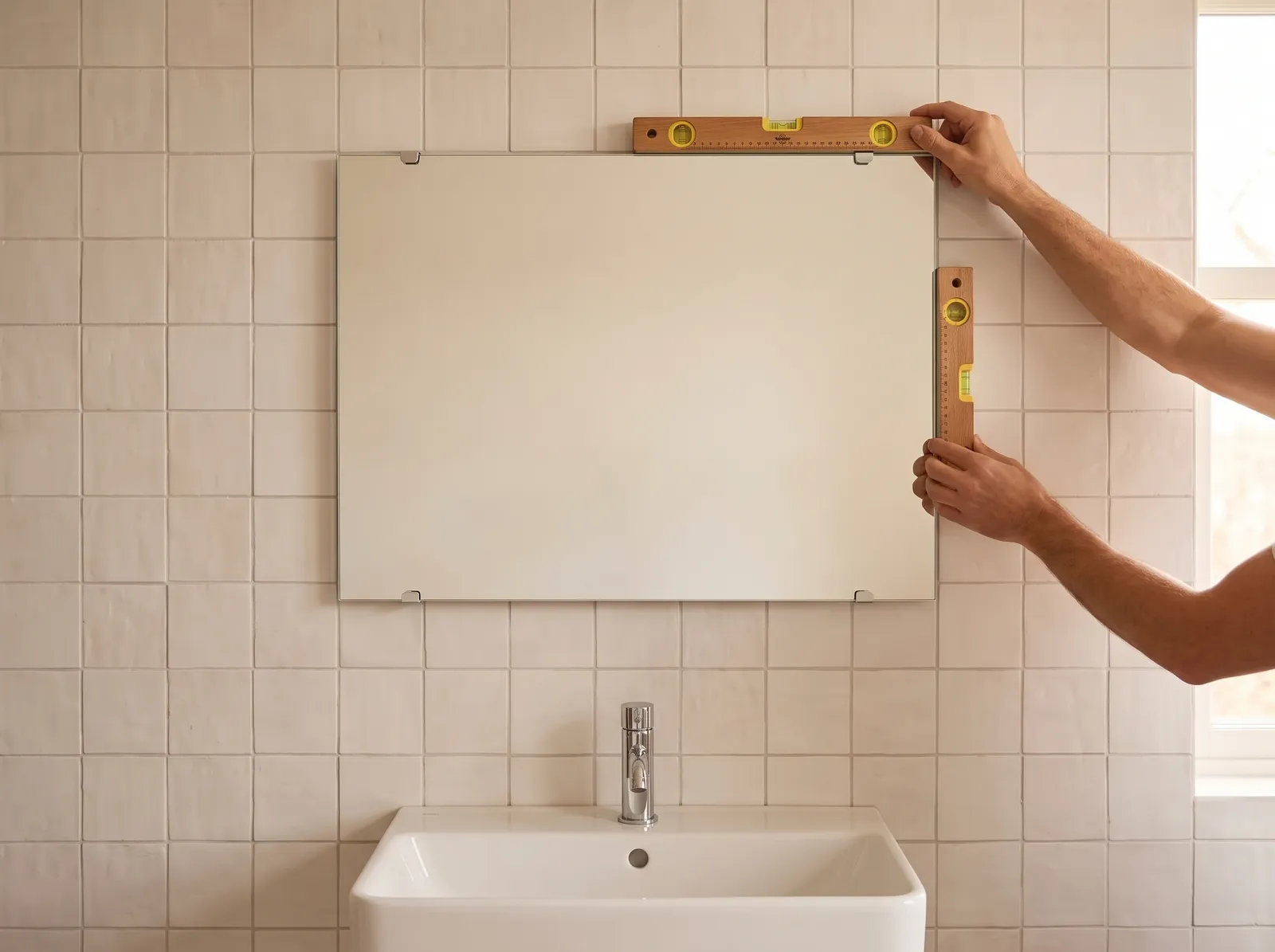 AI-impressie van twee handen die met een houten waterpas controleren of een rechthoekige spiegel in vier chromen spiegelklemmen recht hangt, op een wand van lichte tegels boven een witte wastafel