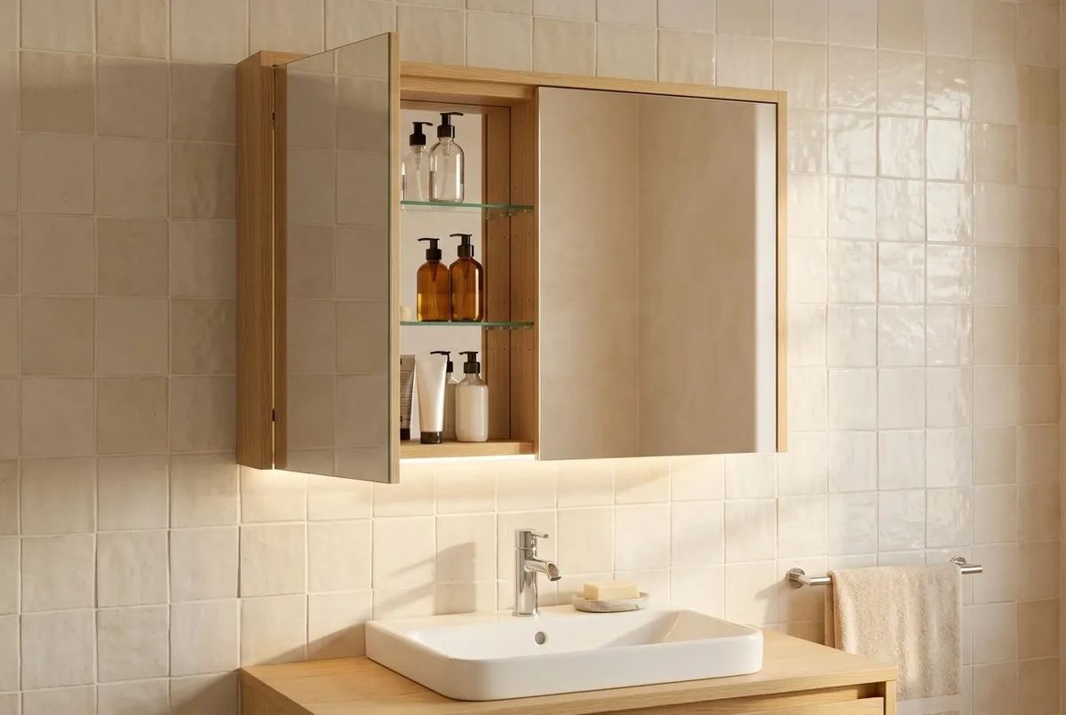 AI-impressie van een houten spiegelkast met een open spiegeldeur, glazen planken met flesjes en verlichting aan de onderkant, boven een witte wastafel op een houten meubel
