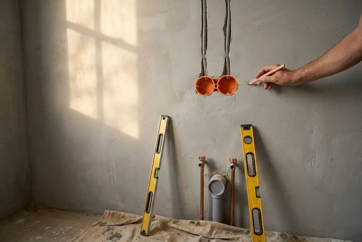 AI-impressie van een kale badkamerwand tijdens de verbouwing met twee oranje inbouwdozen en ingefreesde elektrabuizen, waar een hand met een timmermanspotlood een kruis zet, met waterpassen en leidingen voor de wastafel eronder