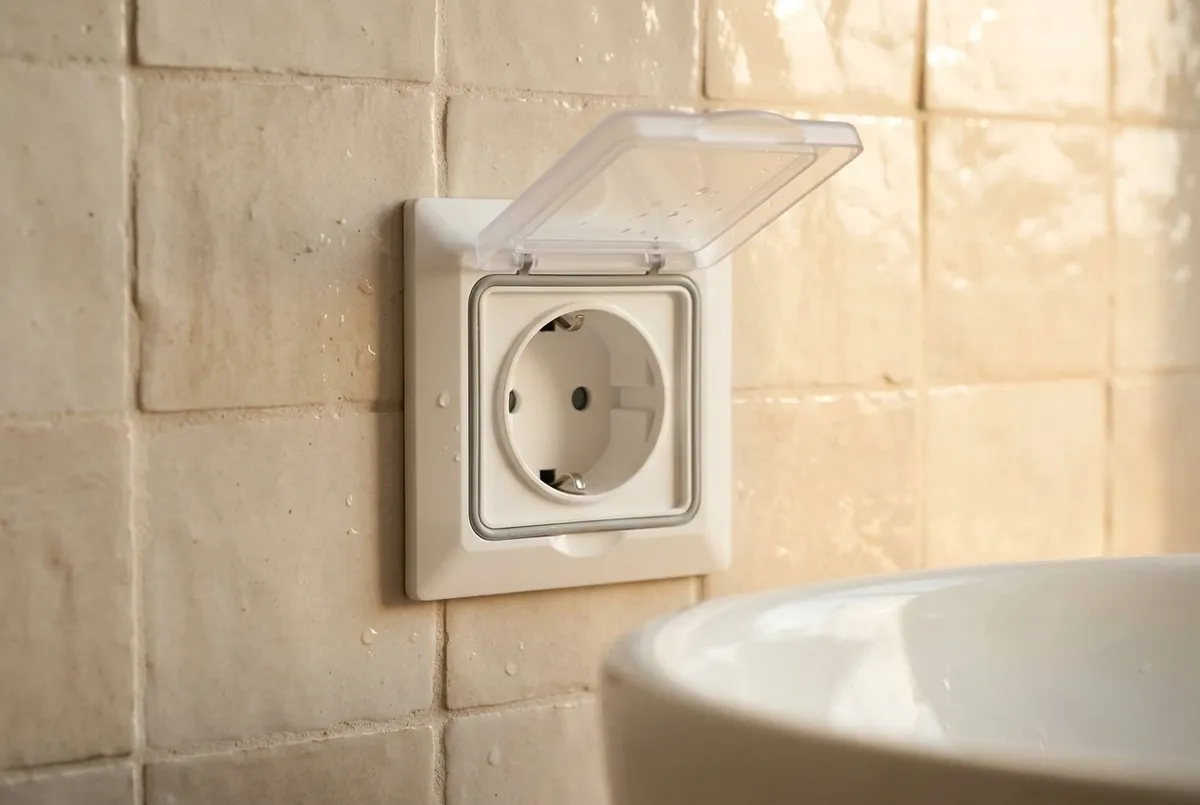 AI-impressie van een wit spatwaterdicht inbouwstopcontact met half geopend doorzichtig klepje en grijze afdichting op beige wandtegels met waterdruppels, met de rand van een waskom op de voorgrond