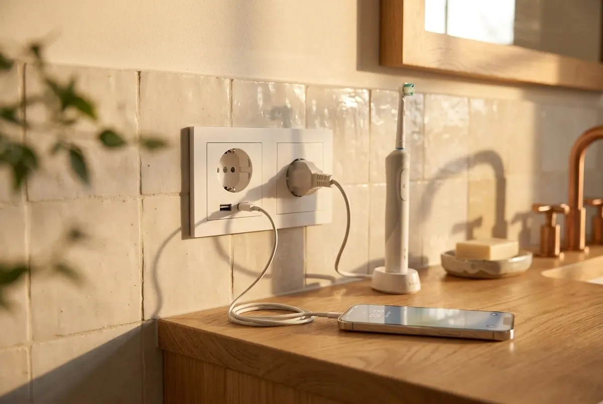 AI-impressie van een dubbel inbouwstopcontact met usb-poort boven een houten wastafelblad, met een telefoon aan de usb-kabel en een elektrische tandenborstel in de lader
