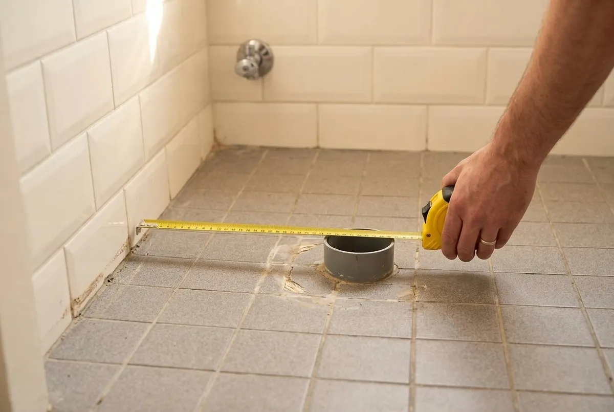 AI-impressie van een grijze afvoerbuis die recht omhoog uit een tegelvloer steekt op de plek van een verwijderd toilet, met een hand die met een rolmaat de afstand van de muur tot de afvoer meet