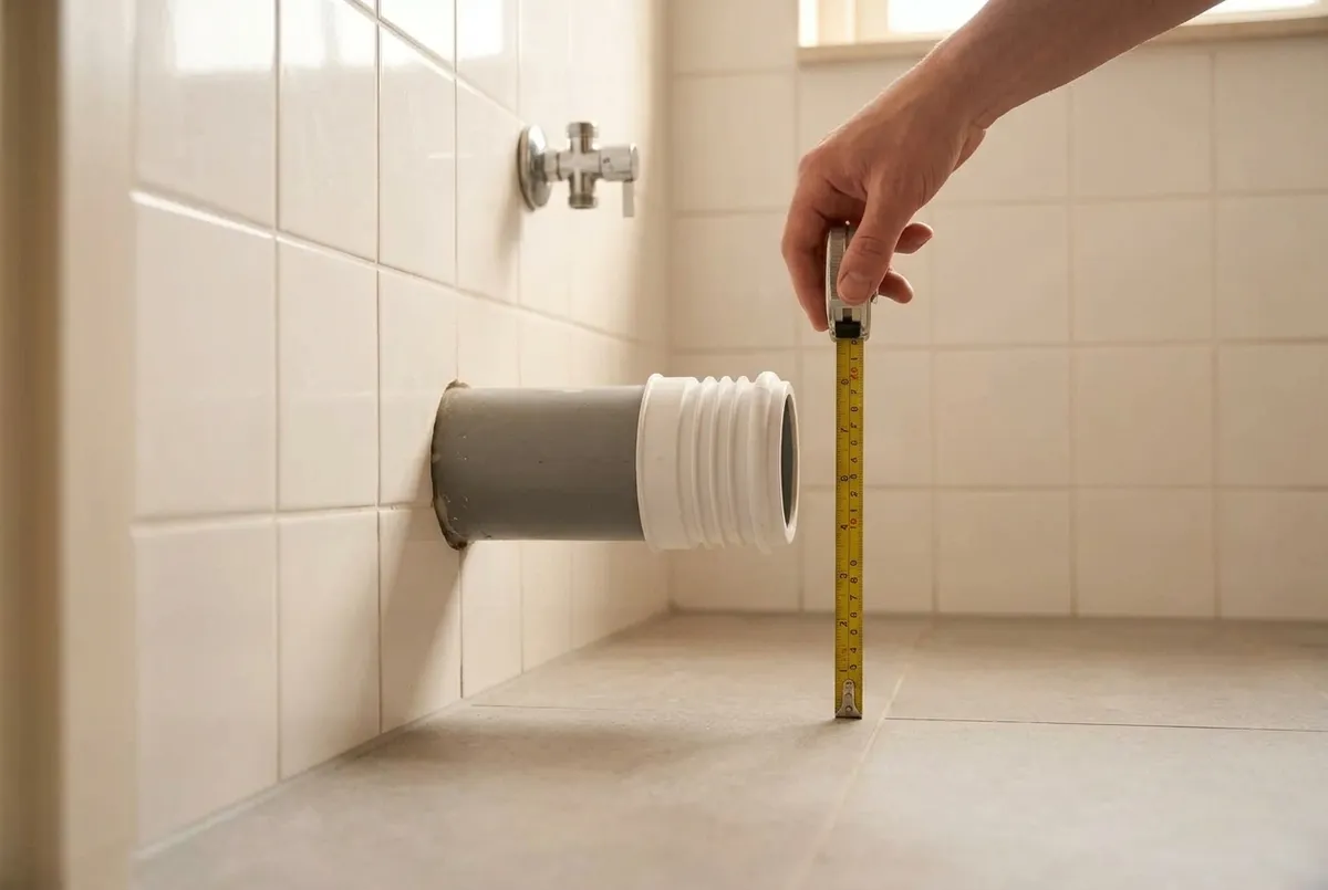 AI-impressie van een grijze afvoerbuis met een witte rubberen manchet die horizontaal uit een betegelde wand steekt, met een hand die met een rolmaat de hoogte vanaf de vloer meet
