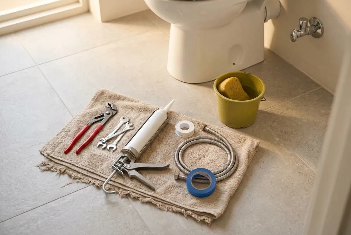 AI-impressie van gereedschap op een oude handdoek op de tegelvloer van een toiletruimte: een waterpomptang, steeksleutels, een kitpistool met sanitairkit, teflon tape, een opgerolde RVS-aansluitslang, schilderstape en een emmer met spons, met op de achtergrond een staand toilet en een hoekstopkraan