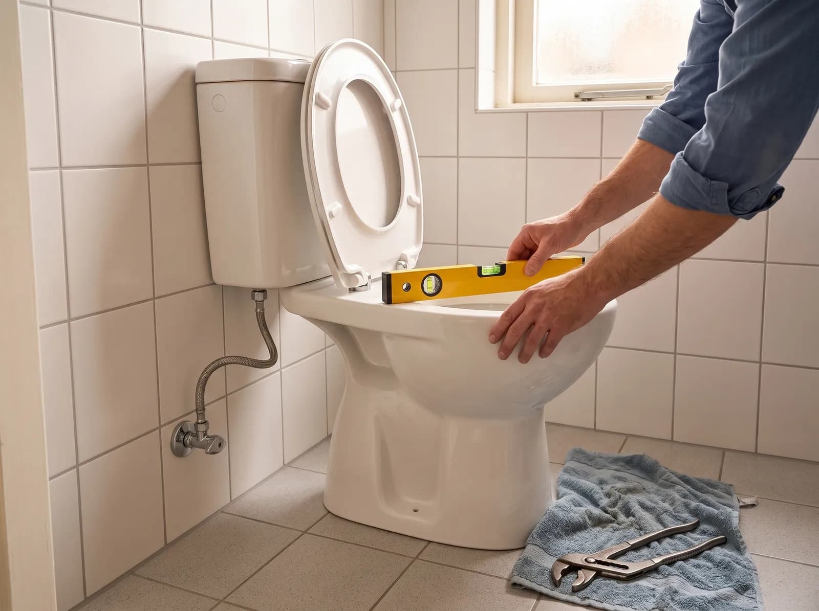 AI-impressie van twee handen die een gele waterpas op de rand van een nieuw wit staand toilet met duoblokreservoir leggen, met links een RVS-slang van de hoekstopkraan naar het reservoir en op de tegelvloer een handdoek met een waterpomptang